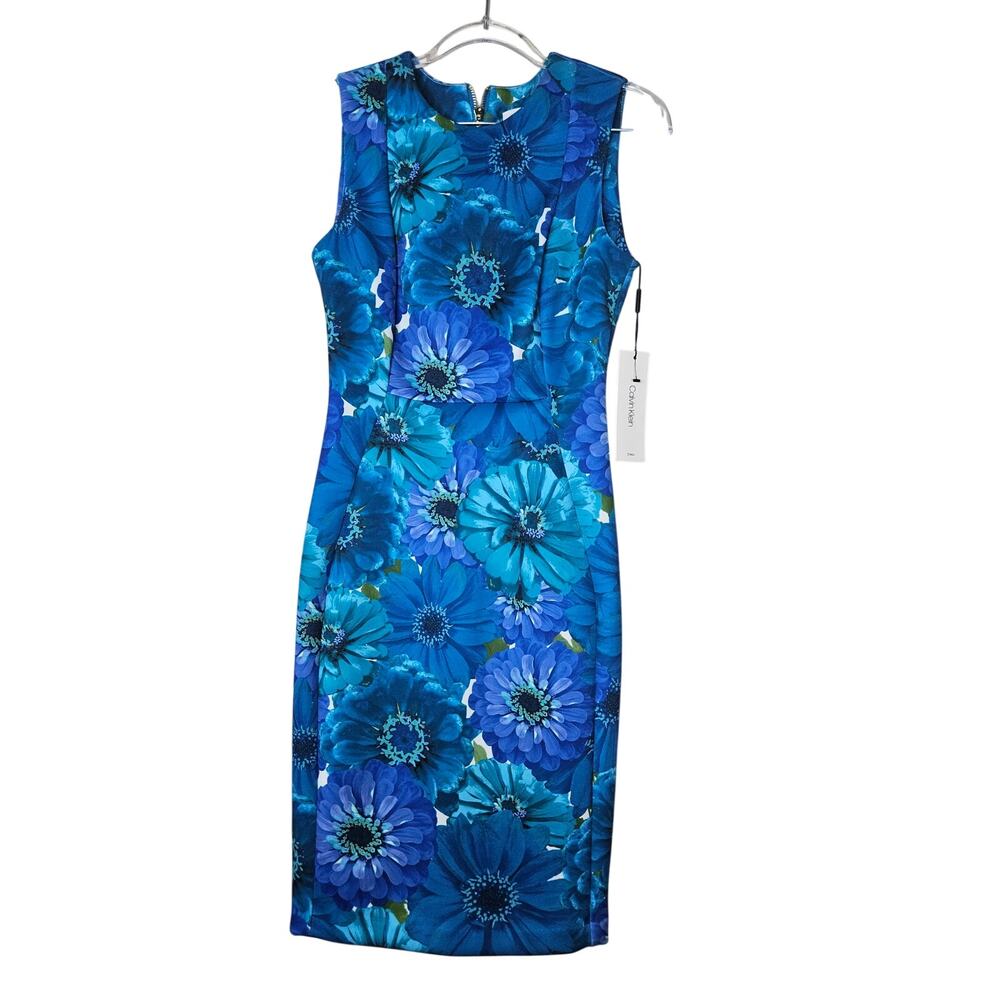 NEW Calvin Klein 2 Blue Floral Sheath Dress Scuba Career Preppy Professional - Picture 3 of 6